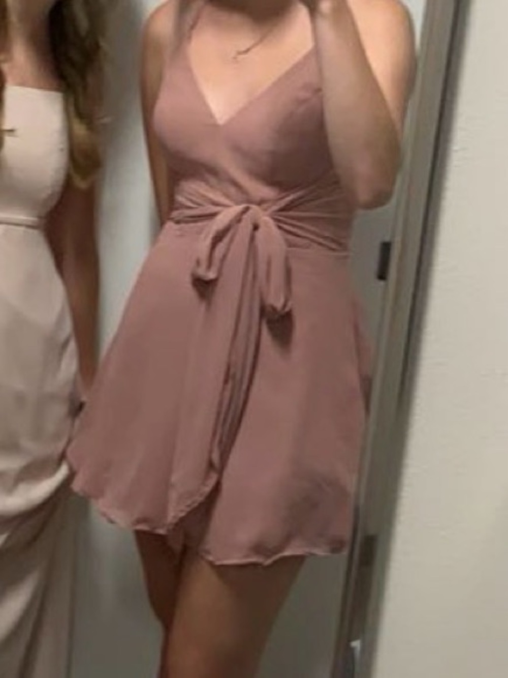 Tie-Waist V-Neck Mini Dress in Dusty Rose